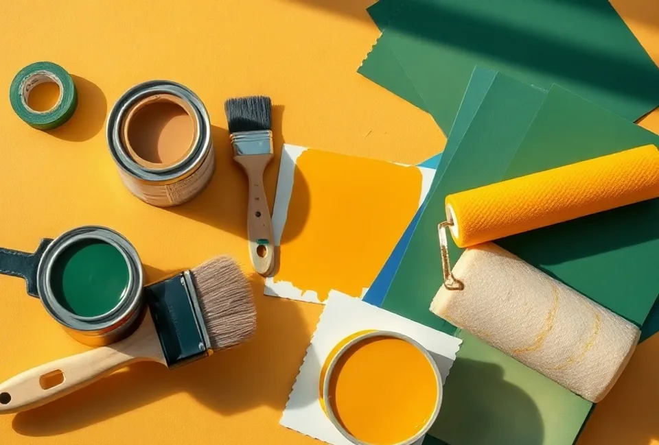 Pots de peinture, nuancier, brosses et rouleaux disposés à plat
