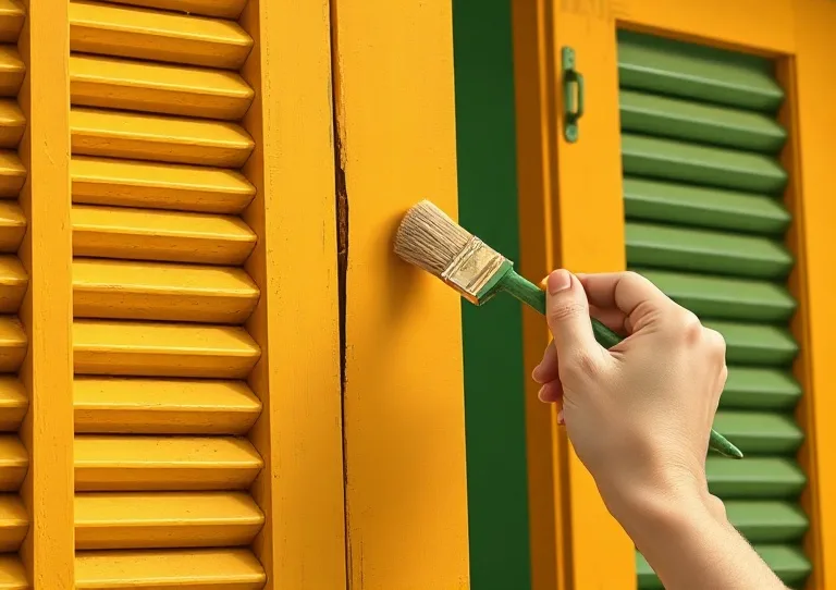 Mise en peinture au pinceau de volets et d'encadrements en bois