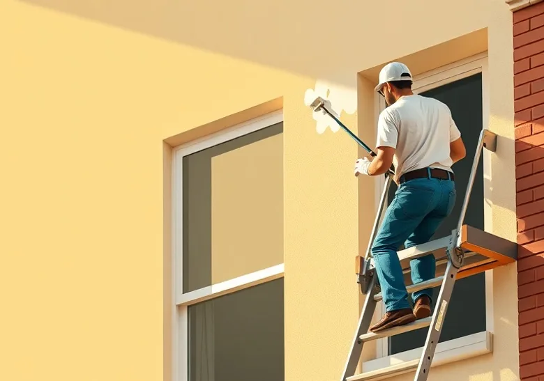 Peintre sur échafaudage traitant la façade d'une maison